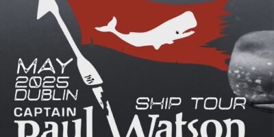The John Paul DeJoria ship docked at Sir Rogerson’s Quay in Dublin, promoting free public tours and a vegan food drive by the Captain Paul Watson Foundation